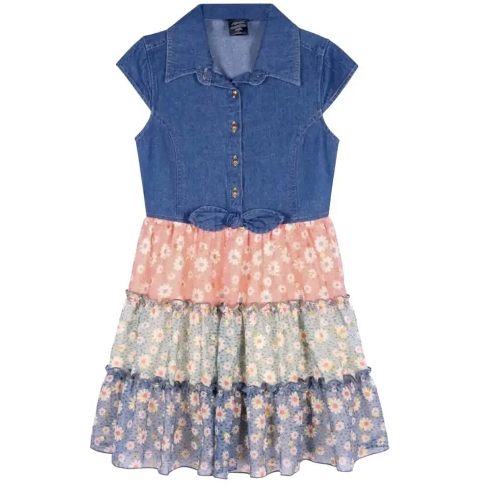 Zunie Girls Denim Daisy Floral Tiered Dress Size XS NWT